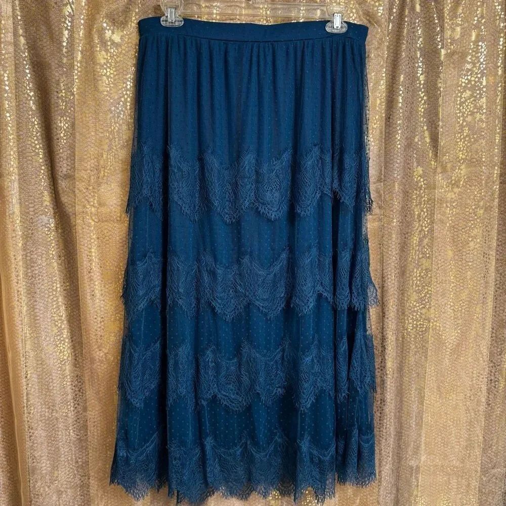 Soft Surroundings Frederica Lace Maxi Skirt Dark Teal Blue Large NWT